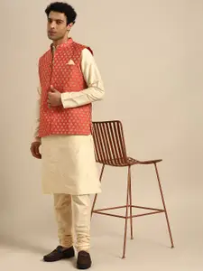 KISAH Men Beige Solid Kurta with Churidar & Nehru Jacket