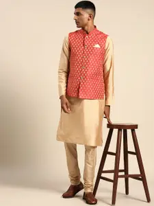 KISAH Men Beige Solid Kurta with Churidar & Nehru Jacket