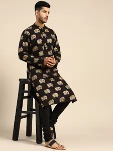 KISAH Men Black Printed Kurta with Churidar