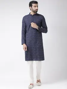 KISAH Men Blue Embroidered Straight Kurta with Churidar & With Nehru Jacket