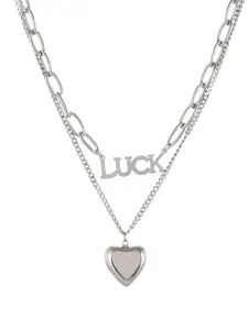 AQUASTREET Women Silver-Toned Luck Engraved with Layered Heart Pendant Necklace Chain