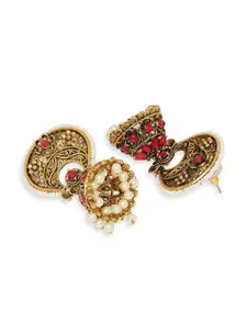 OOMPH Gold-Toned Pink & White Stone & Pearls Jhumkas Earrings