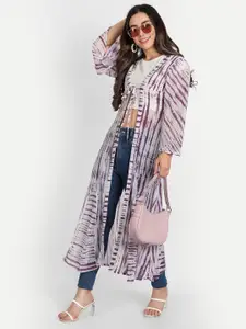 Gufrina Women Purple & White Printed Longline Tie-Up Shrug