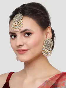 KARATCART Gold-Plated & Pink Kundan-Studded & Beaded Maangtikaa & Earrings Set
