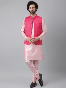 Hangup Men Pink Mirror Work Pure Silk Kurta with Pyjamas