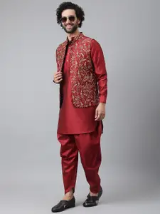 Hangup Men Maroon Pure Silk Kurta with Pyjamas