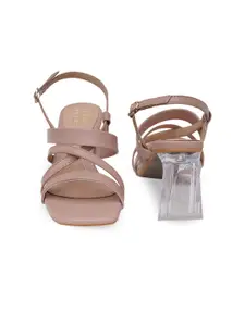 SHUZ TOUCH Women Nude-Coloured Block Sandals with Buckles