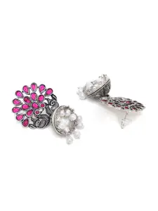 KARATCART Pink & Silver-Plated Peacock Shape Stone Studded Jhumkas Earrings