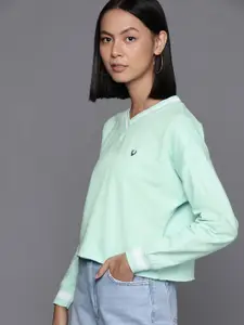 Allen Solly Woman Green Solid V-Neck Pure Cotton Sweatshirt