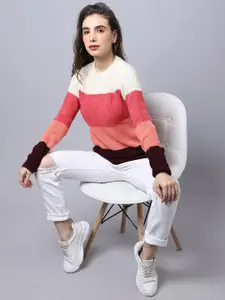 Cantabil Women Pink & Cream-Coloured Colourblocked Pullover