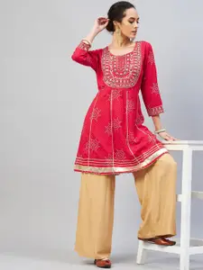 InWeave Red & Gold-Toned Bandhani Printed Gotta Patti Panelled Kurti