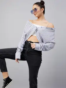 CHIMPAAANZEE Women Navy Blue Oversized Striped Casual Shirt