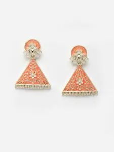 PANASH Gold-Toned and Orange Triangular Meenakari Drop Earrings
