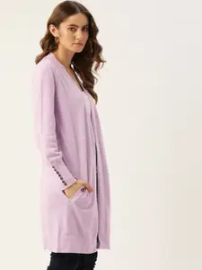 Madame Women Solid Pure Cotton Front-Open Longline Sweater