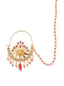 Silvermerc Designs Gold-Plated & Red Meenakari Pearl Beaded Chained Nose Ring