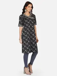 METRO-FASHION Grey & Black Floral Printed V-Neck Gotta Patti Pure Cotton Kurti