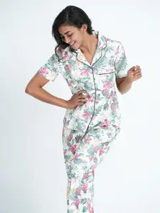 mackly Women White & Green Printed Pure Cotton Night suit
