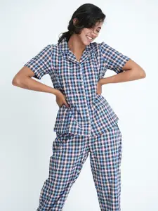 mackly Set of 2 Women Blue & White Checked Pure Cotton Sleepshirt & Pyjama Night suit