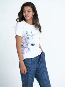 mackly Women White & Blue Unicorn Printed Night suit