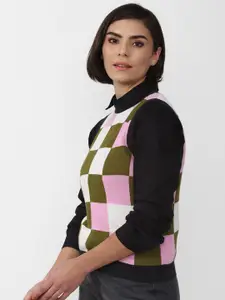 FOREVER 21 Women Olive Green & White Pure Cotton  Checked Pullover