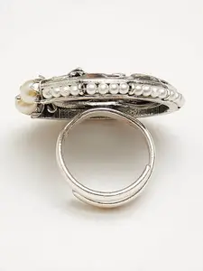 Voylla Oxidised Silver-Plated White Stone Studded & Beaded Adjustable Finger Ring