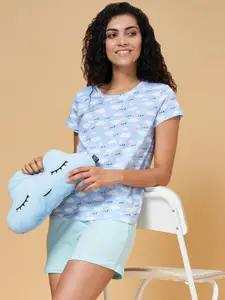 Dreamz by Pantaloons Women Blue & White Printed Cotton Blend Night suit