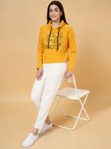 Honey by Pantaloons Women Mustard Printed Hooded Sweatshirt
