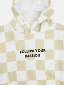 Pantaloons Junior Boys White & Beige Checked Hooded Sweatshirt