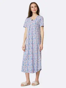 Van Heusen Women Allover Print Round Neck Pleated Front Lounge Night Gown