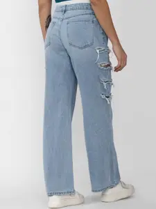 FOREVER 21 Women Blue High-Rise Ripped Light Fade Jeans