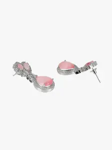 Adwitiya Collection Silver-Plated Pink & White American Diamond Stone Drop Earrings