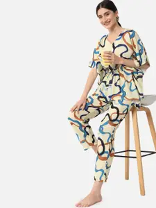 FFLIRTYGO Women Yellow & Blue Printed Kaftan Night suit   KNSS2007_A