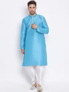 Hangup Men Blue Kurta with Pyjamas & Waistcoat Set