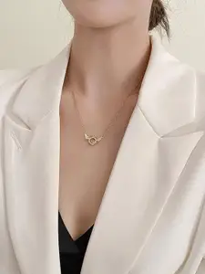 Vembley Gold-Plated CZ Studded Angel Wings Golden Ring Shape Pendant Necklace