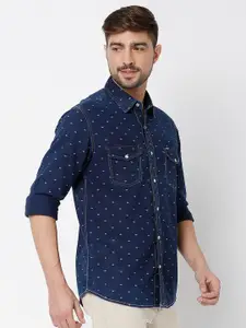 Mufti Men Blue Classic Slim Fit Printed Casual Shirt
