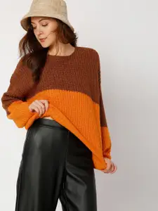 Vero Moda Women Brown & Orange Colourblocked Pullover Sweater