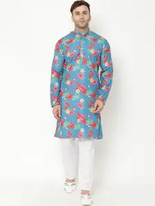 hangup trend Men Turquoise Blue Floral Printed Kurta with Pyjamas