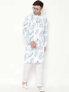 hangup trend Men White & Blue Printed Cotton Straight Kurta With Pyjamas