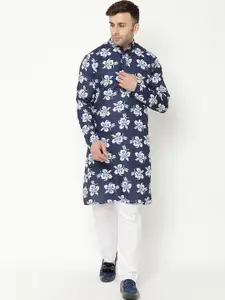 hangup trend Men Navy Blue Floral Printed Kurta with Churidar
