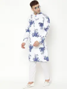 hangup trend Men White Floral Printed Cotton Blend Kurta with Pyjamas