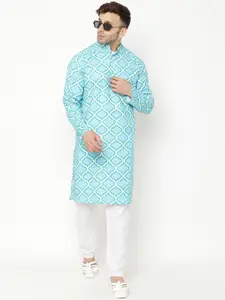 hangup trend Men Blue & White Printed Cotton Straight Kurta With Pyjamas