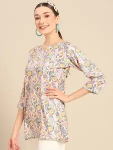 Sangria White & Grey Ethnic Motifs Printed Short Kurti