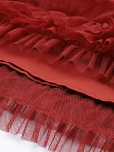 Antheaa Women Rust Red Solid Frill Midi A-Line Skirt