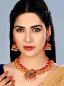 aadita Gold-Plated & Red Stone-Studded Pearl Choker Necklace Set