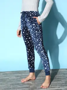 Sweet Dreams Women Elegant Navy Blue Printed Velvet Night In Lounge Pants