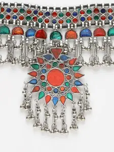 Moedbuille Silver-Toned & Red Brass Silver-Plated Meenakari Necklace
