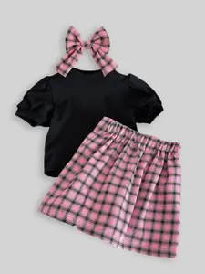 INCLUD Girls Puff Sleeves Top With Checked Skirt