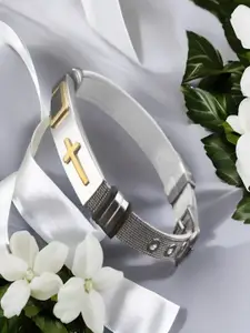 UNIVERSITY TRENDZ Men Silver-Plated Mesh Cross Engraved Gold Raised Leather Bracelet