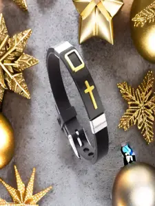 UNIVERSITY TRENDZ Men Silver Plated Leather Cross Engraved Wraparound Bracelet