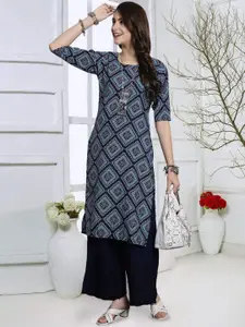7Threads Ethnic Motifs Printed Round Neck Crepe Straight Kurta